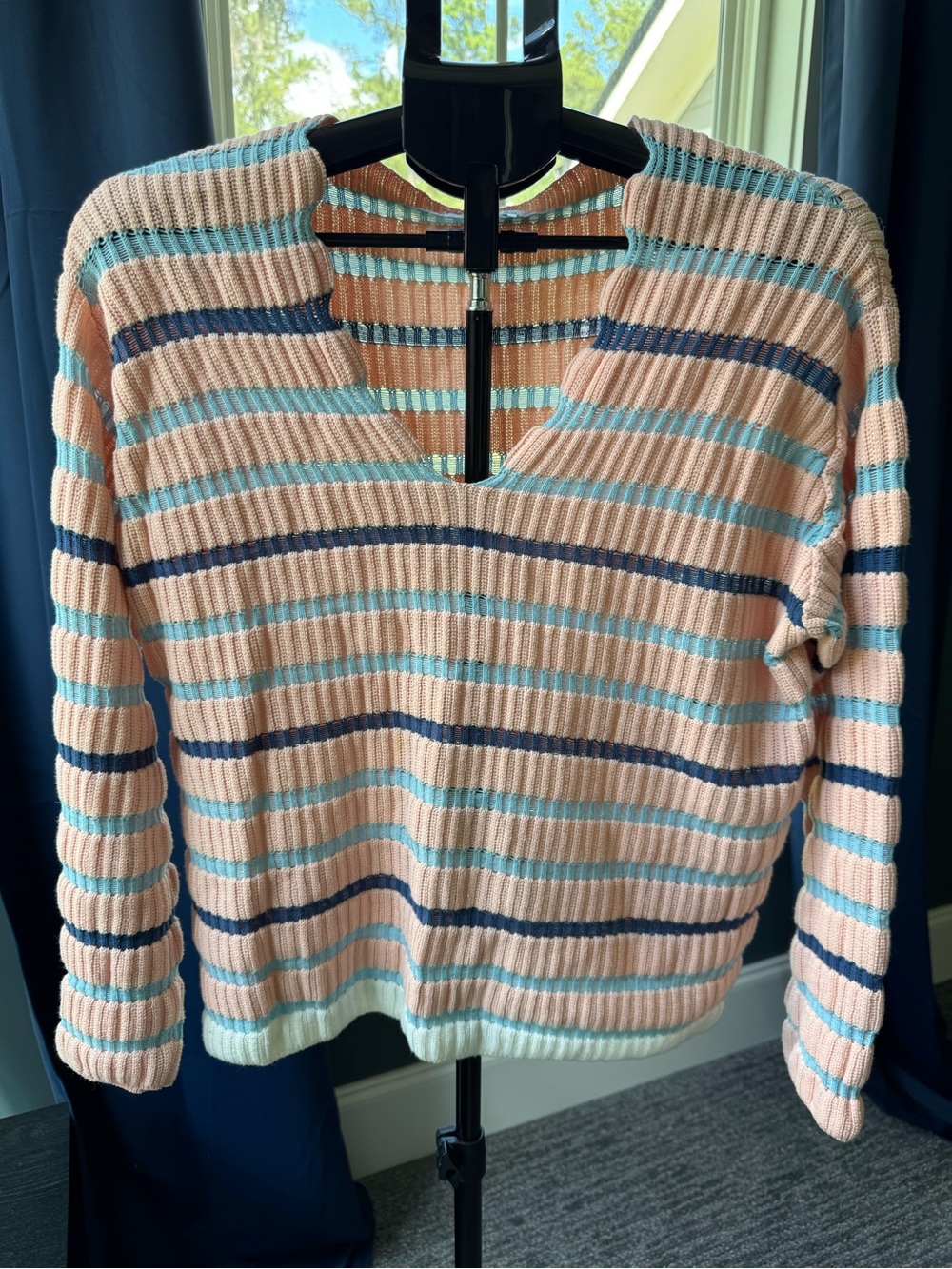 Andrée By Unit Peach Blue White Striped Long Sleeve V Neck Sweater Size Small